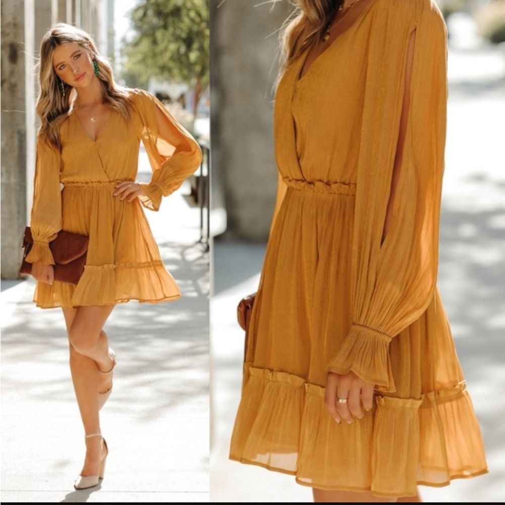 Vici Nathalia Satin Honey Gold Crinkled Long Sleeve Ruffle Plunge Mini Dress Top